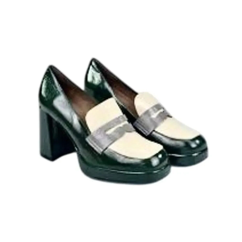 NWT Wonders Spain Forest Green Shiny Leather Penny Loafers Pumps Block Heel